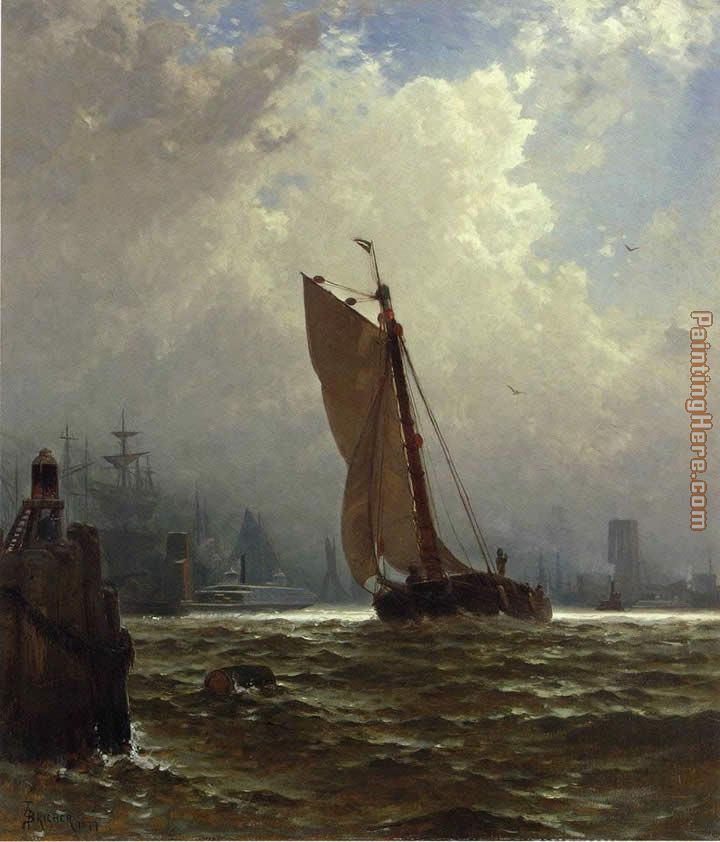 New York Harbor with the Brooklyn Bridge Under Construction